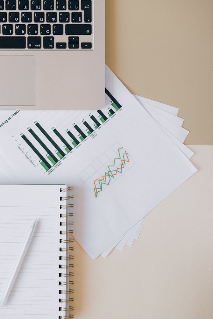 Flat lay of a workspace featuring a laptop, graphs, and a notebook for financial analysis.